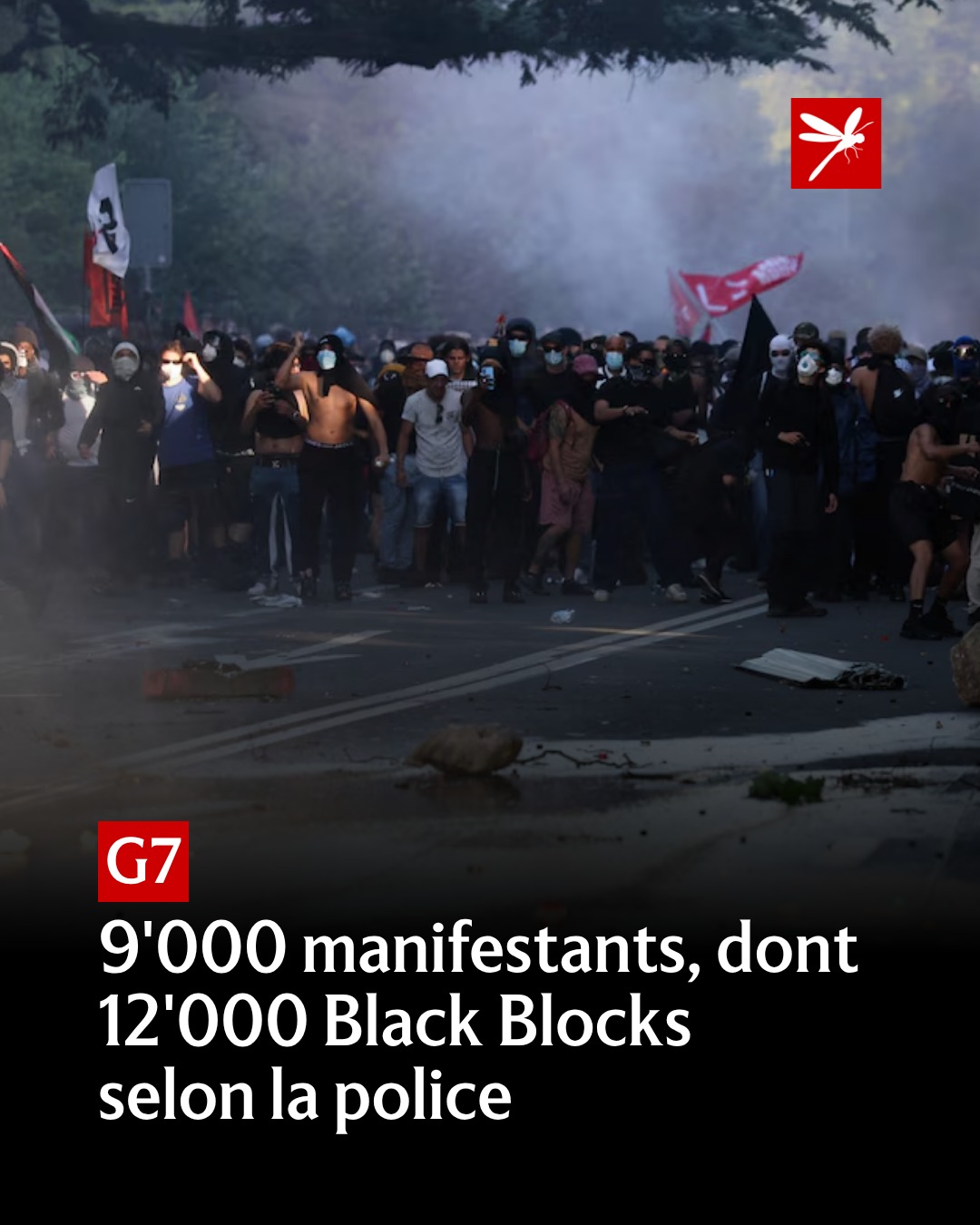 Une images de manifestant, avec écrit dessus &ldquo;G7 9000 manifestants, dont 12000 Black Blocks selon la police&rdquo;